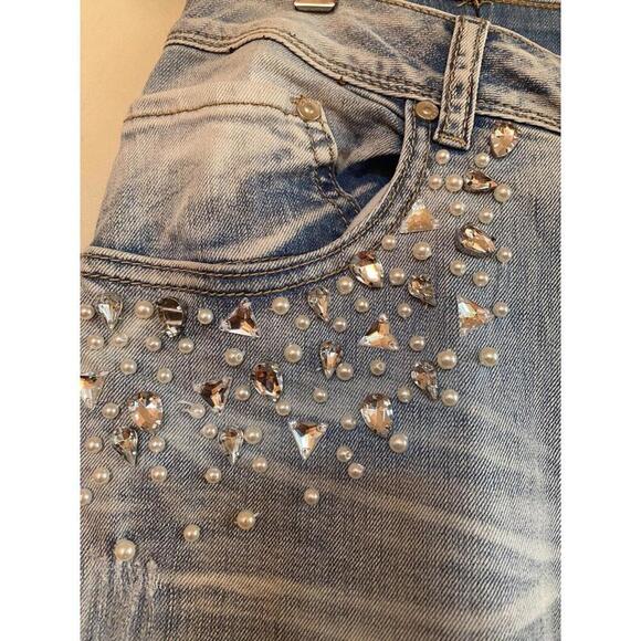 Light Wash Jeans From Italy Embellished With Rhinestone Sz.M Button Fly - Picture 4 of 6